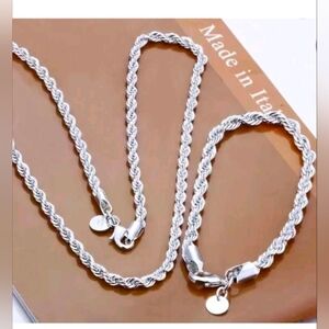 Sterling Steel 924 Elegant Silver Rope Chain Necklace And Bracelet